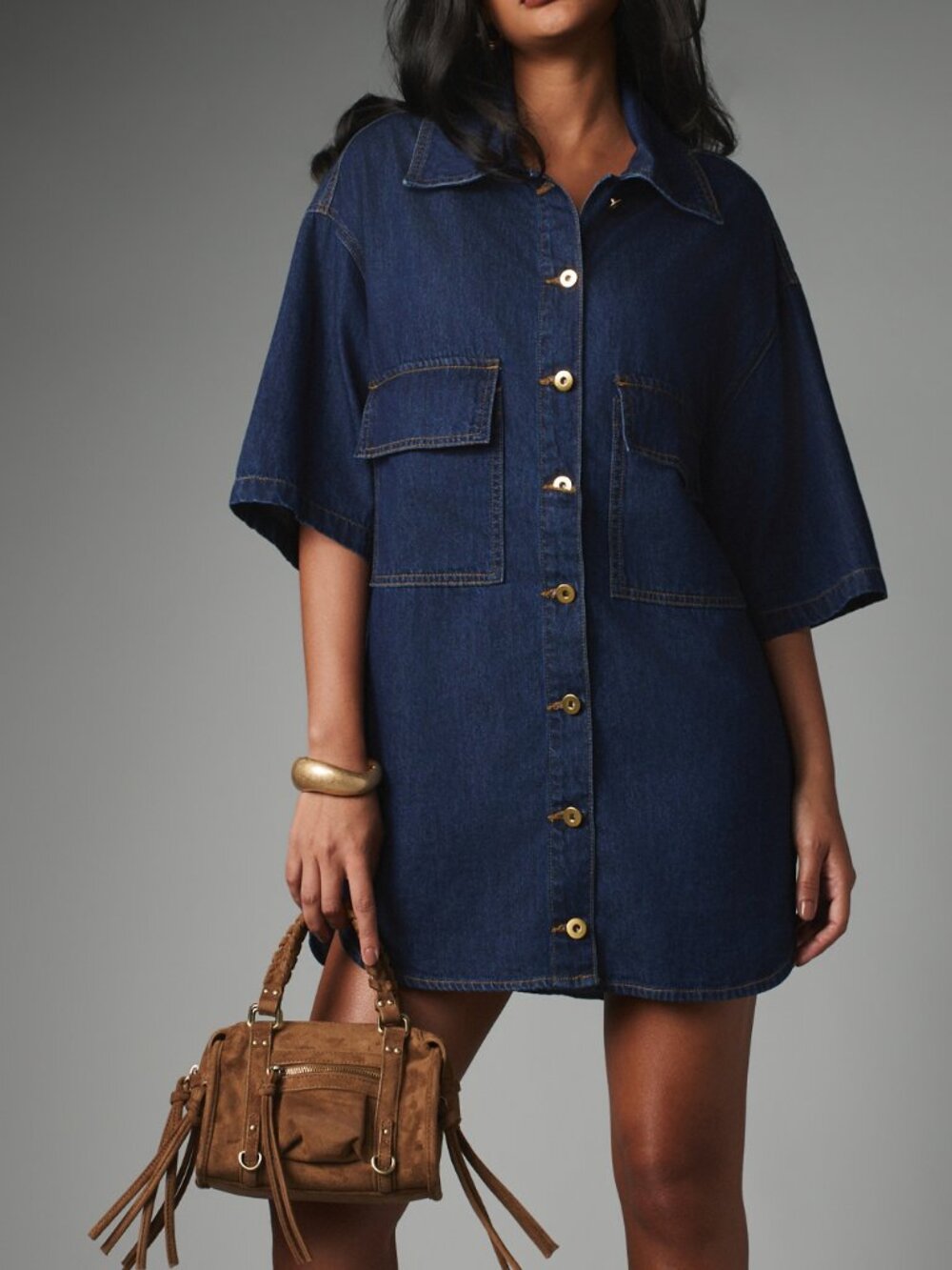 Dark Wash Casual Women's Oversized Collared Drop Shoulder Mini Dress